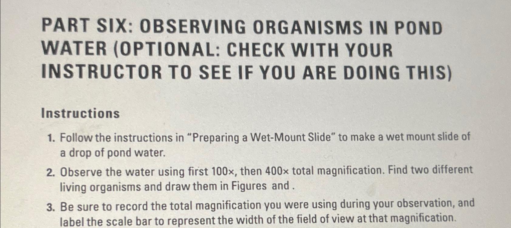 Solved PART SIX: OBSERVING ORGANISMS IN POND WATER | Chegg.com