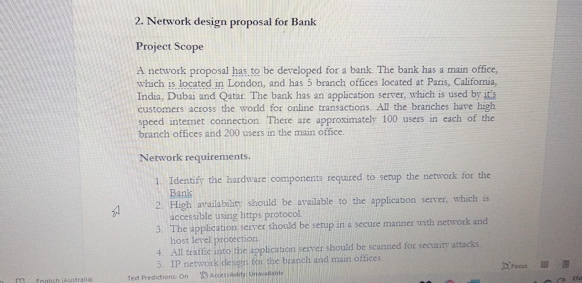 Solved 2. Network design proposal for Bank Project Scope A | Chegg.com