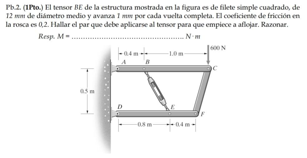 Pb.2. (1Pto.) El tensor \( B E \) de la estructura mostrada en la figura es de filete simple cuadrado, de \( 12 \mathrm{~mm}