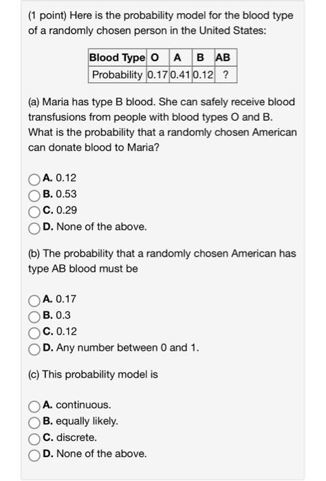 Solved (1 Point) Here Is The Probability Model For The Blood | Chegg.com