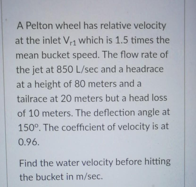 Solved A Pelton wheel has relative velocity at the inlet Vr1