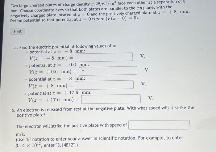 Solved Two large charged plates of charge density ±28μC/m2 | Chegg.com