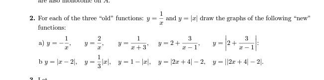 2. For each of the three old functions: \( y=\frac{1}{x} \) and \( y=|x| \) draw the graphs of the following new function