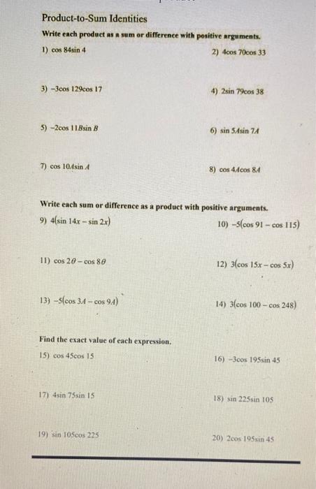 Solved Product-to-Sum Identities Write each product as a sum | Chegg.com