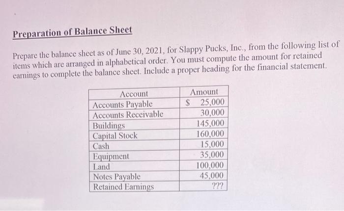 preparation of balance sheet questions