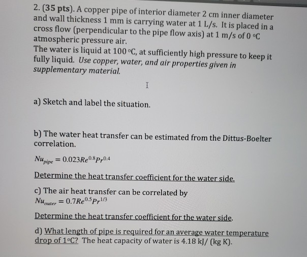 Solved 2. (35 pts). A copper pipe of interior diameter 2 cm | Chegg.com