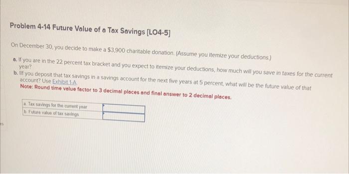 Problem 4-14 Future Value of a Tax Savings [LO4-5]
On December 30 you decide to make a \( \$ 3,900 \) charitable donation. (A