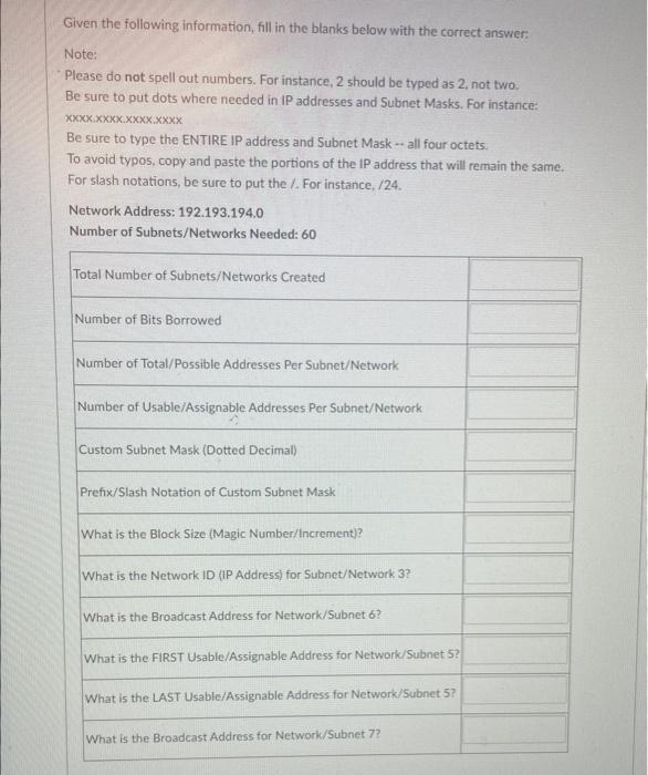 Solved Given the following information, fill in the blanks | Chegg.com