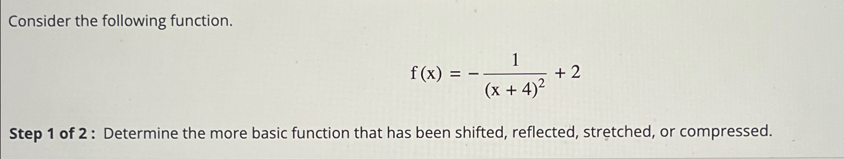 Solved Consider the following function.f(x)=-1(x+4)2+2Step 1 | Chegg.com