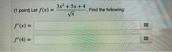 Solved 5 2 (1 Point) Let F(x) = 3+ + Find F'(x). х +2 F'(x) | Chegg.com