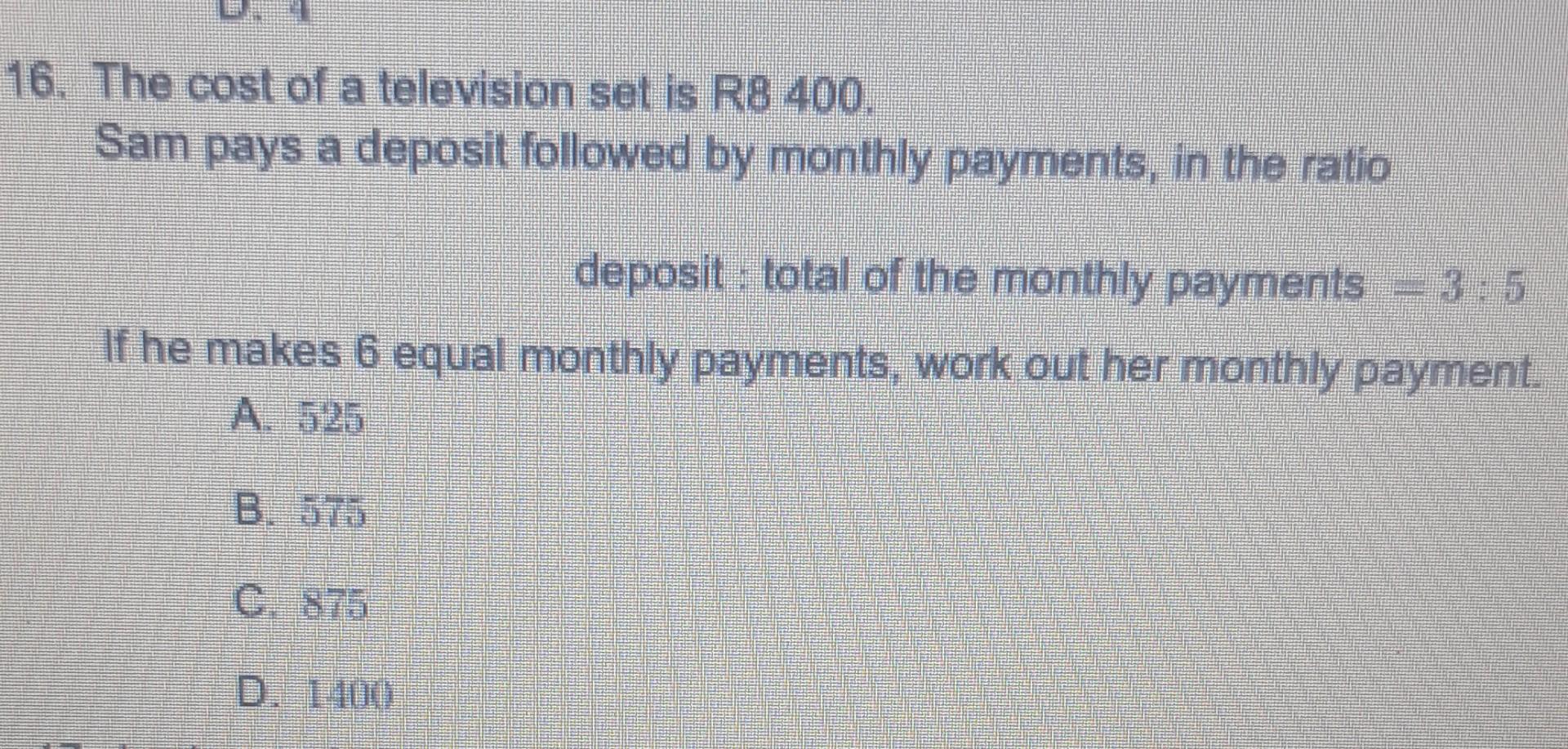 Solved The cost of a television set is R8400. Sam pays a | Chegg.com