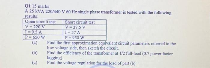 Solved A 25 KVA 220/440 V 60 Hz single phase transformer is | Chegg.com