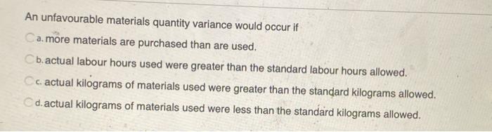 Solved An unfavourable materials quantity variance would | Chegg.com