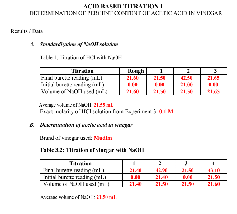 ACID BASED TITRATIONI DETERMINATION OF PERCENT | Chegg.com