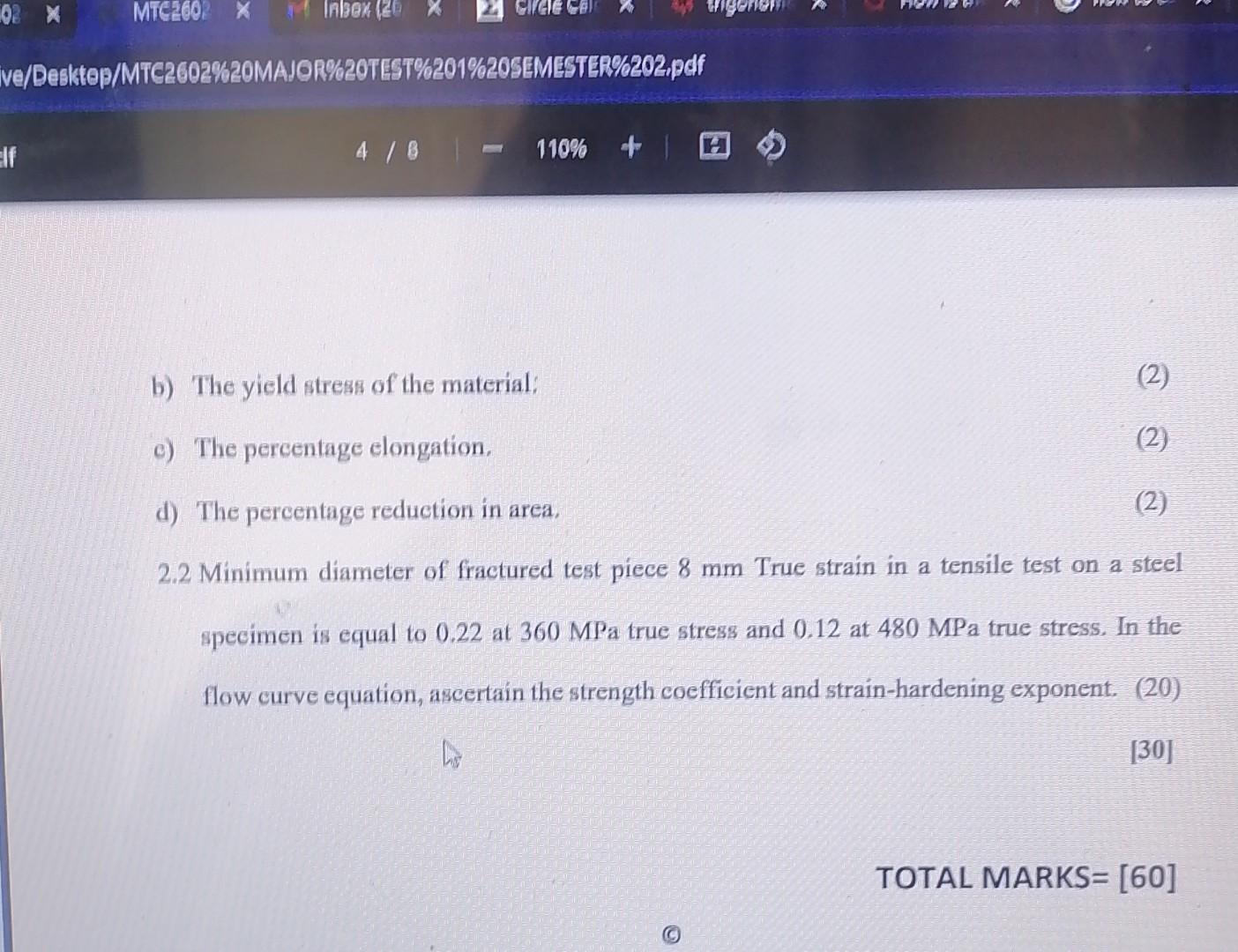 B) The Yield Stress Of The Material: C) The | Chegg.com