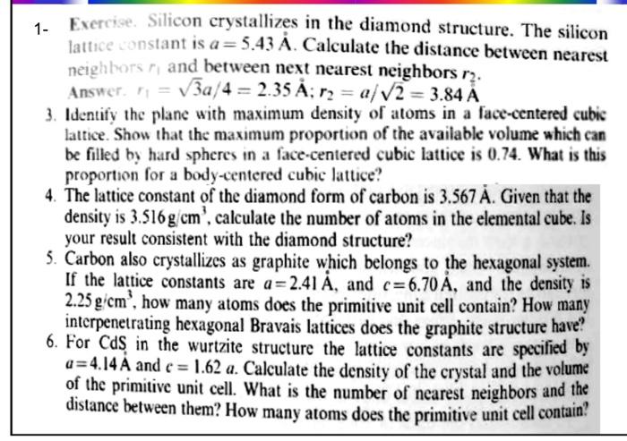 Solved Exercise Silicon Crystallizes In The Diamond