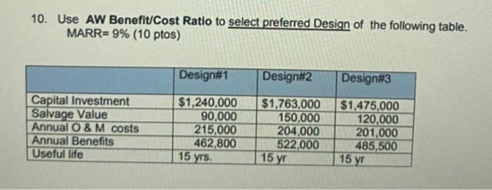 10. Use AW Benefit Cost Ratio to select preferred Design of the following table. MARR= 9% (10 ptos) Design#1 Design#2 Design#