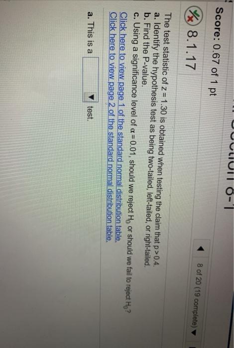 Solved 11 of 20 (19 complete) 8.1.24 The test statistic of | Chegg.com