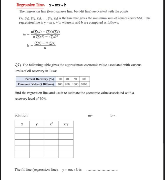 Solved Regression Line, y=mx+b The regression line (least | Chegg.com