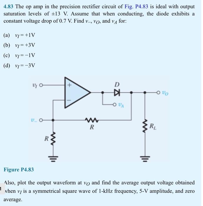 Solved 4.83 The op amp in the precision rectifier circuit of | Chegg.com