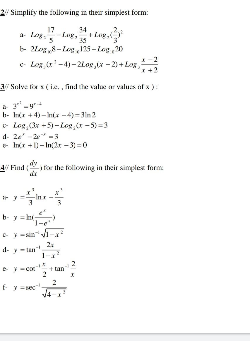 Solved -2// Simplify the following in their simplest form: | Chegg.com