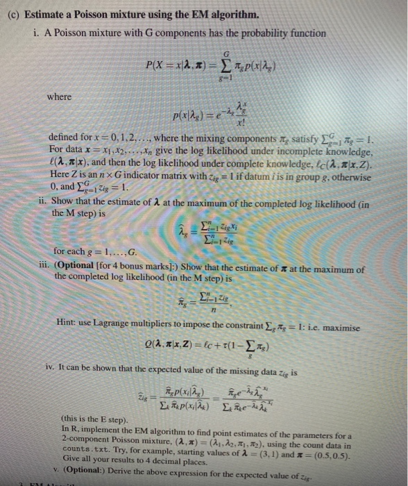 (c) Estimate a Poisson mixture using the EM | Chegg.com