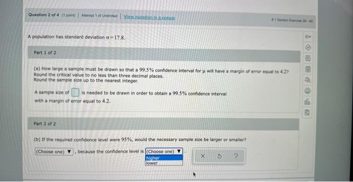 Solved A population has standard deviation π=17.8. Part 1 of | Chegg.com