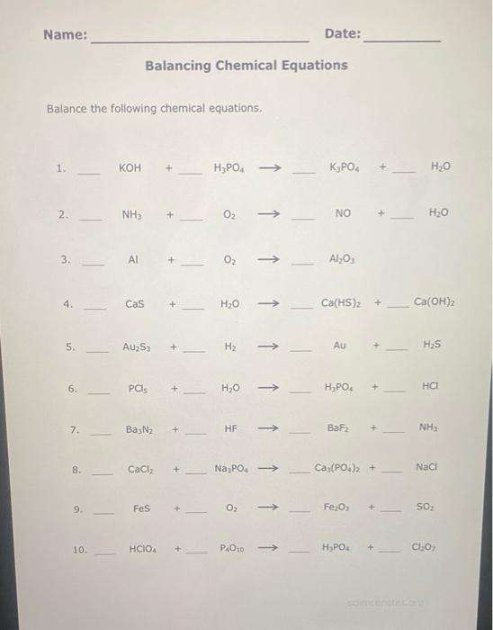 Solved Name: Date: Balancing Chemical Equations Balance the | Chegg.com