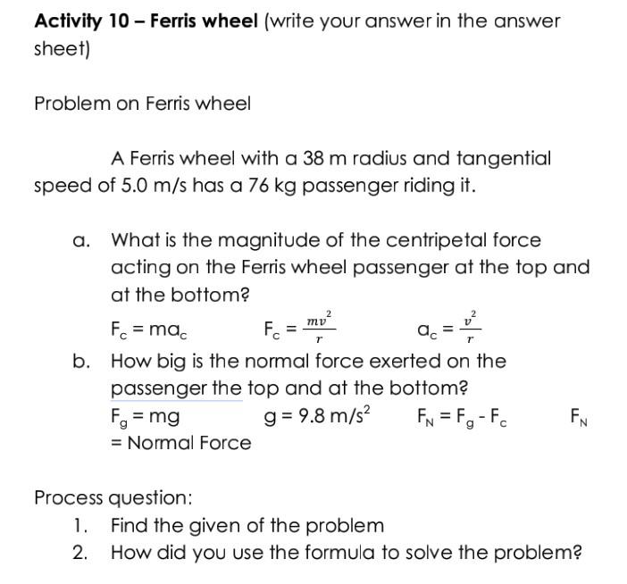 Solved Activity 10 - Ferris wheel (write your answer in the | Chegg.com