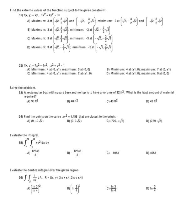 Solved Find the extreme values of the function subject to | Chegg.com