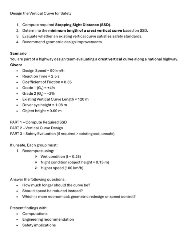 Solved Design the Vertical Curve for SafetyCompute required | Chegg.com