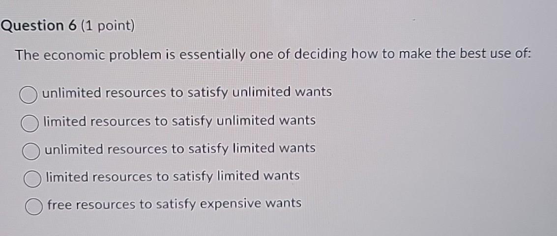 Solved Question 6 (1 ﻿point)The economic problem is | Chegg.com