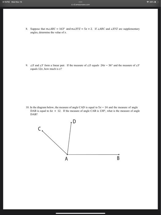 Solved 8. Suppose that m∠ABC=163∘ and m∠XYZ=5x+2. If ∠ABC | Chegg.com