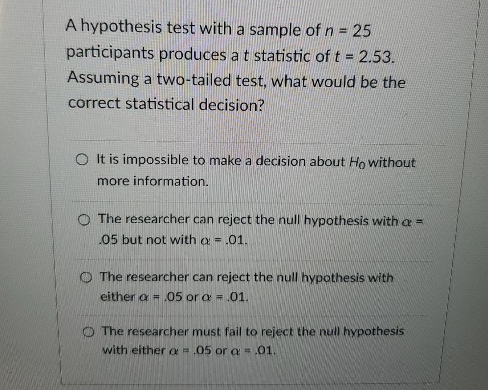 Solved A hypothesis test with a sample of n=25 ﻿participants | Chegg.com