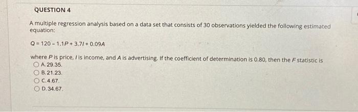 Solved QUESTION 4 A multiple regression analysis based on a | Chegg.com