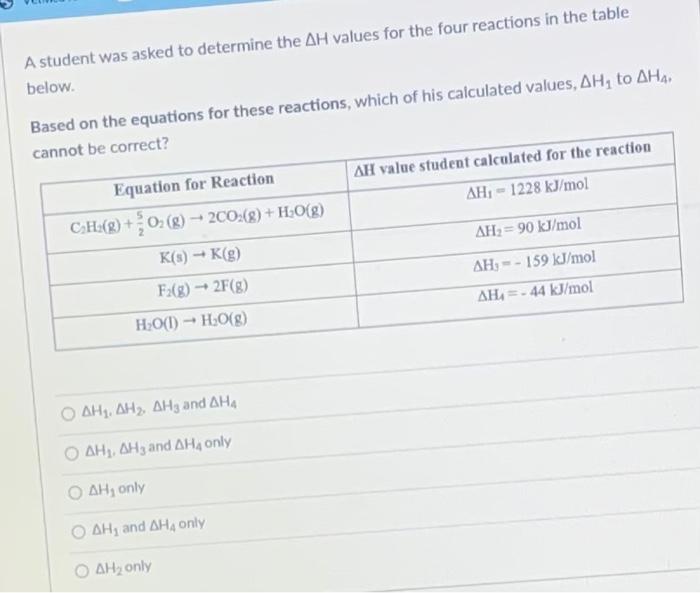 Solved A student was asked to determine the ΔH values for | Chegg.com