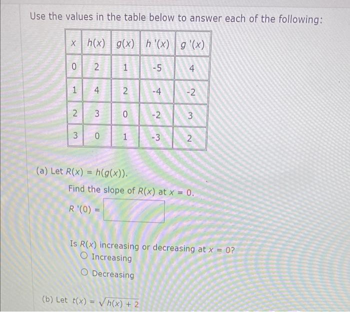 Solved Use the values in the table below to answer each of | Chegg.com