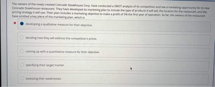 The owners of the newly created Colorado Steakhouse Corp. have conducted a SwOT analysis of its competition and see a marketi