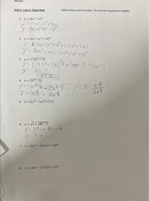 lit 2 Task 2. Chain Rule Differentiate each function. You are not required to simplity. 1. \( y=\left(4 x^{2}-1\right)^{4} \)