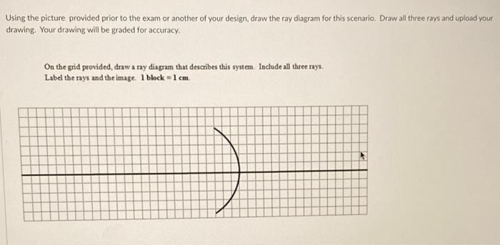 Using the picture provided prior to the exam or another of your design, draw the ray diagram for this scenario. Draw all thre