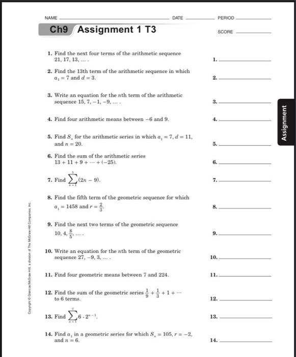 Solved Name Date Period Ch9 Assignment 1 T3 Score 1 Find 3909