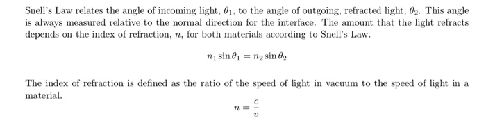 Solved Snell's Law relates the angle of incoming light, 01, | Chegg.com