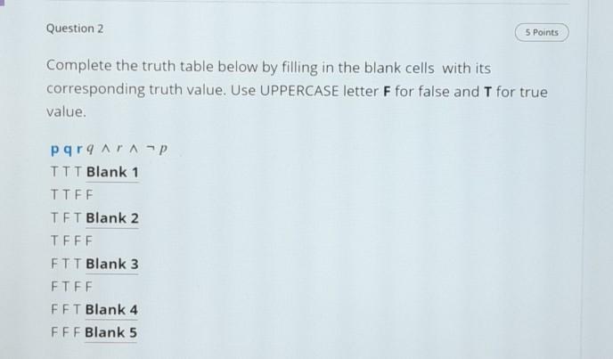 Solved Question 2 5 Points Complete the truth table below by | Chegg.com