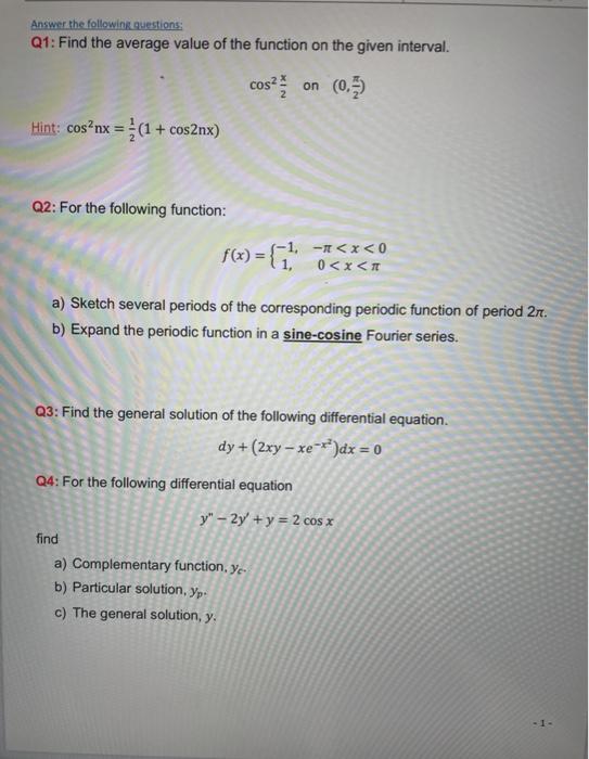 Solved Answer the following questions Q1: Find the average | Chegg.com
