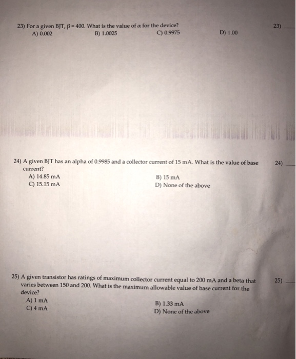 Solved 23 23 For A Given Bjt B 400 What Is The Value Chegg Com