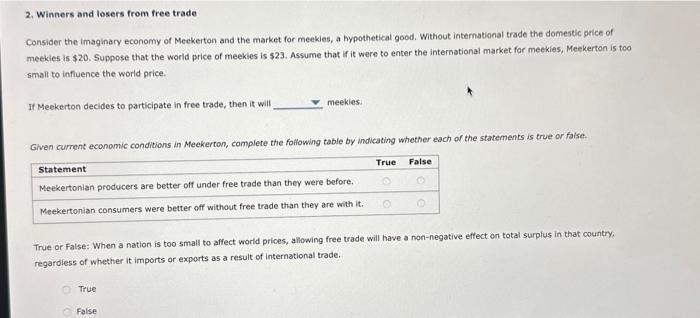 Solved 2. Winners And Losers From Free Trade Consider The | Chegg.com