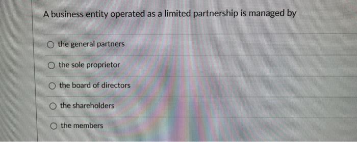Solved A business entity operated as a limited partnership | Chegg.com