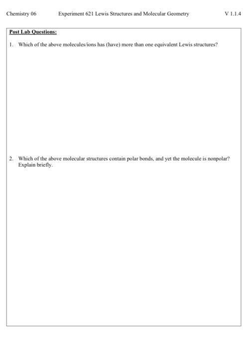 Solved Chemistry 06 Experiment 621 Lewis Structures and | Chegg.com