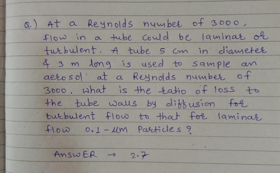 Solved Q.) At a Reynolds number of 3000, flow in a tube | Chegg.com