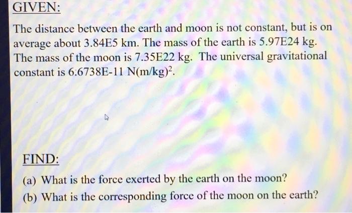 Solved GIVEN: The distance between the earth and moon is not | Chegg.com